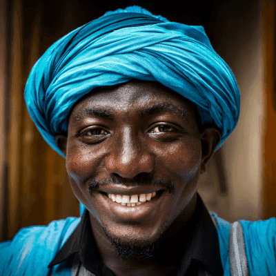 man wearing blue headdress