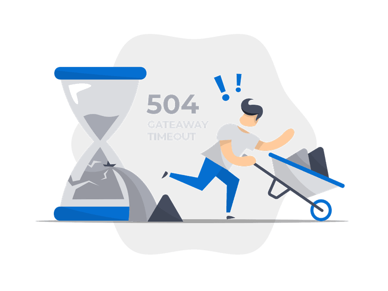 Illustration showing a 504 Gateway Timeout error. It shows a large hourglass with cracks symbolizing time running out, and a person pushing a wheelbarrow filled with rocks, emphasizing delay or blockage.