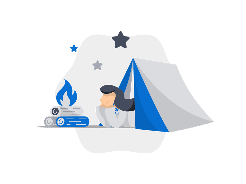 Illustration showing a camping scene with a tent, campfire, and outdoor equipment. Features a tent with a campfire nearby, surrounded by trees and natural elements, symbolizing outdoor recreation and adventure.