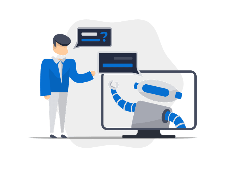 Illustration showing human-computer interaction with an AI chatbot. A person in a business suit asks a question via speech bubble, while a stylized chatbot responds with sound waves, representing automated customer support.