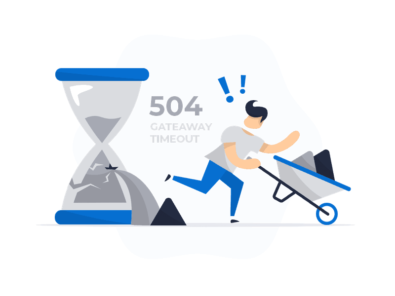 Illustration showing a 504 Gateway Timeout error. It shows a large hourglass with cracks symbolizing time running out, and a person pushing a wheelbarrow filled with rocks, emphasizing delay or blockage.
