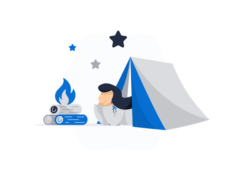 Illustration showing a camping scene with a tent, campfire, and outdoor equipment. Features a tent with a campfire nearby, surrounded by trees and natural elements, symbolizing outdoor recreation and adventure.