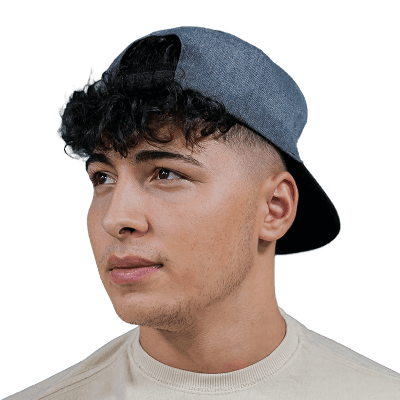 a young man wearing a hat and a t - shirt