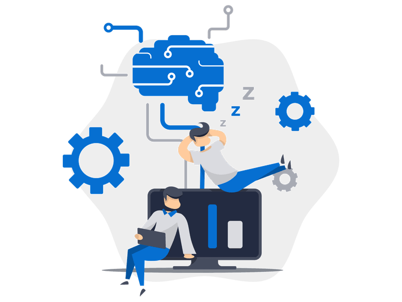 Illustration showing artificial intelligence with a brain-like machine structure connected by pipes and wires. A sleeping person and another person working on a laptop, symbolizing AI systems processing information.
