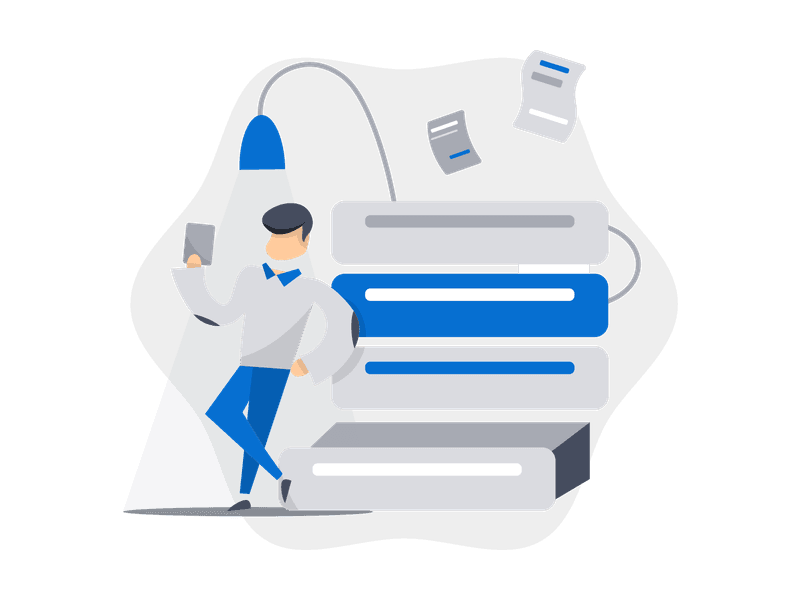 Illustration showing a person scanning documents with a smartphone while standing next to a stack of data storage units. Floating documents and connecting lines suggest data management, archiving, and digital storage processes.