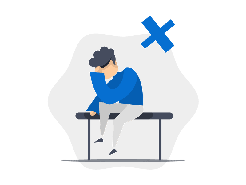 Illustration showing a person sitting on a bench with their head in their hands, appearing distressed or sad. An X icon in the background symbolizes bad news, failure, or negative outcomes, representing disappointment and sadness.