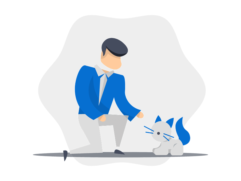 Illustration showing a person in a suit kneeling down to gently interact with a small cat. The person extends their hand towards the cat while looking down at it, representing gentle companionship and pet interaction.