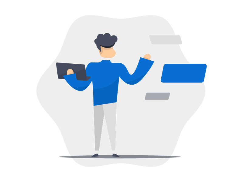 Illustration showing a person holding an open laptop while gesturing towards floating rectangular elements. The person stands with their right hand raised, suggesting work with digital tasks, coding, or data management on the computer.