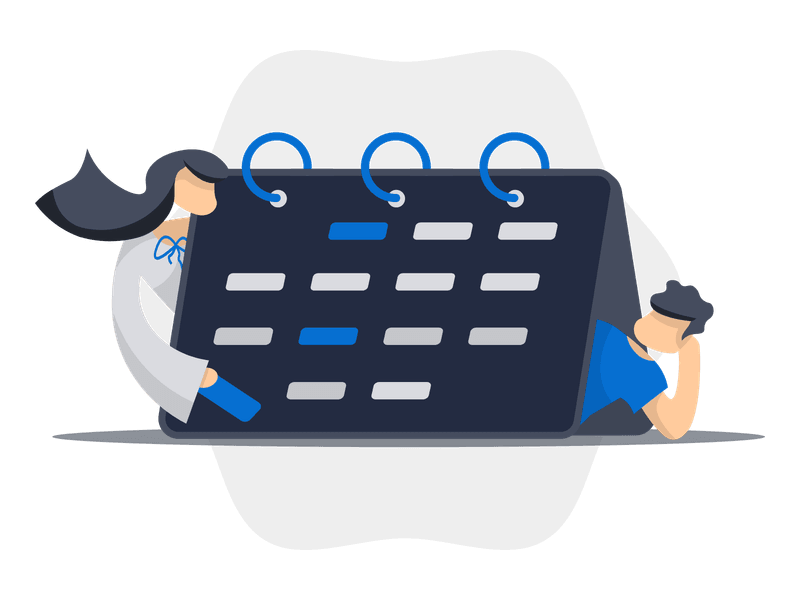 Illustration showing a desk calendar with marked dates, featuring two individuals interacting with it. It symbolizes planning, scheduling, event management, and collaboration.