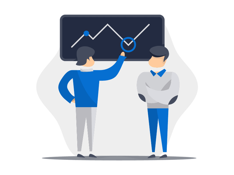 Illustration showing a line chart with two people analyzing data together. Features a line graph with data points and two individuals collaborating on data analysis, symbolizing teamwork, business intelligence, data visualization, and collaborative decision-making.