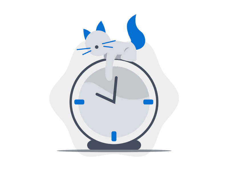 Illustration showing a cat sitting next to a clock, representing the concept of time management, punctuality, or waiting. Combines the playful nature of a cat with the structured concept of time.