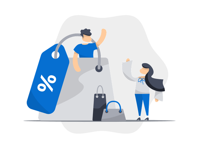 Illustration showing a person holding a discount tag or price label. The illustration features a character with a shirt and a prominent discount symbol, representing sales, promotions, price reductions, and special offers in retail or e-commerce contexts.