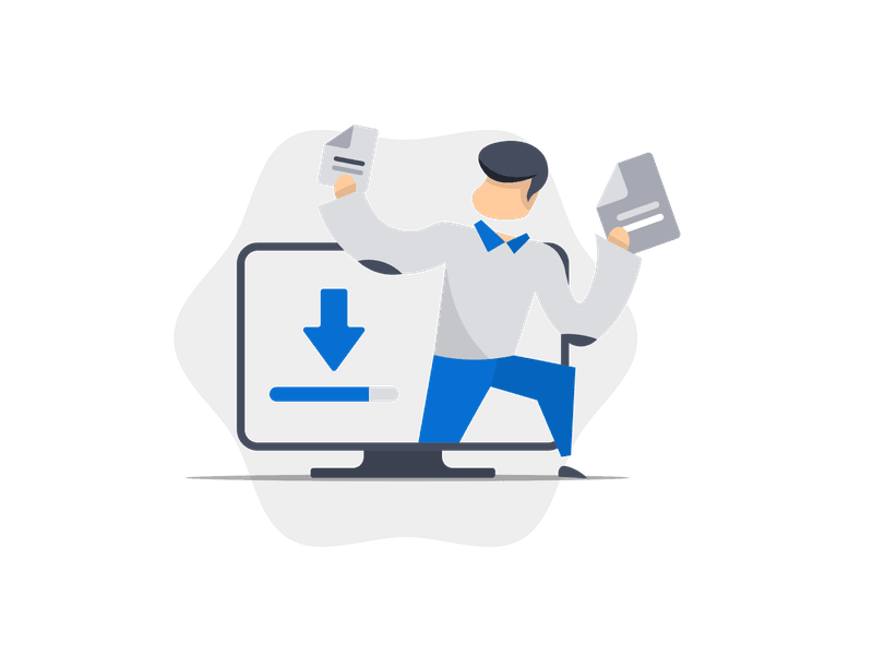 Illustration showing a person with a download arrow pointing downward. The illustration features a character with a shirt and a prominent download symbol, representing file downloads, data transfer, software installation, and digital content acquisition.