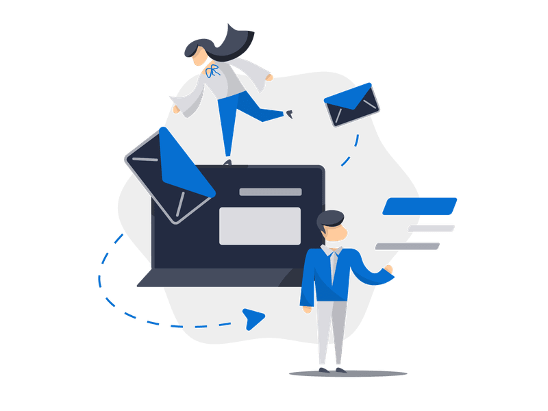 Illustration showing digital communication with a woman jumping over a laptop and a man in a suit holding data elements. Multiple email envelopes are scattered around the scene with flowing background shapes.