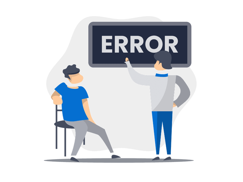 Illustration showing an error message or warning symbol. The illustration features a prominent error indicator with a person looking concerned, representing system errors, technical issues, problem alerts, and troubleshooting scenarios.