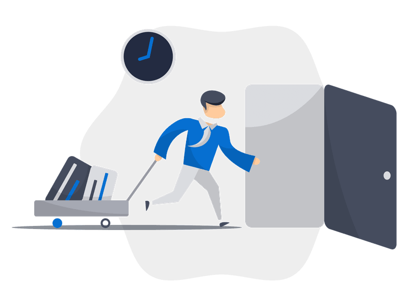 Illustration showing a person walking through an exit door or leaving a space. The illustration features a character moving away from a door or exit sign, representing departure, leaving, logout, or ending a session or process.