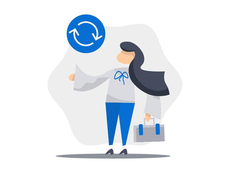 Illustration showing a young woman performing a refresh or reload gesture. The person is depicted with their hand raised in a circular motion, symbolizing updating, restarting, renewal, or reloading of systems, data, or applications in digital interfaces.