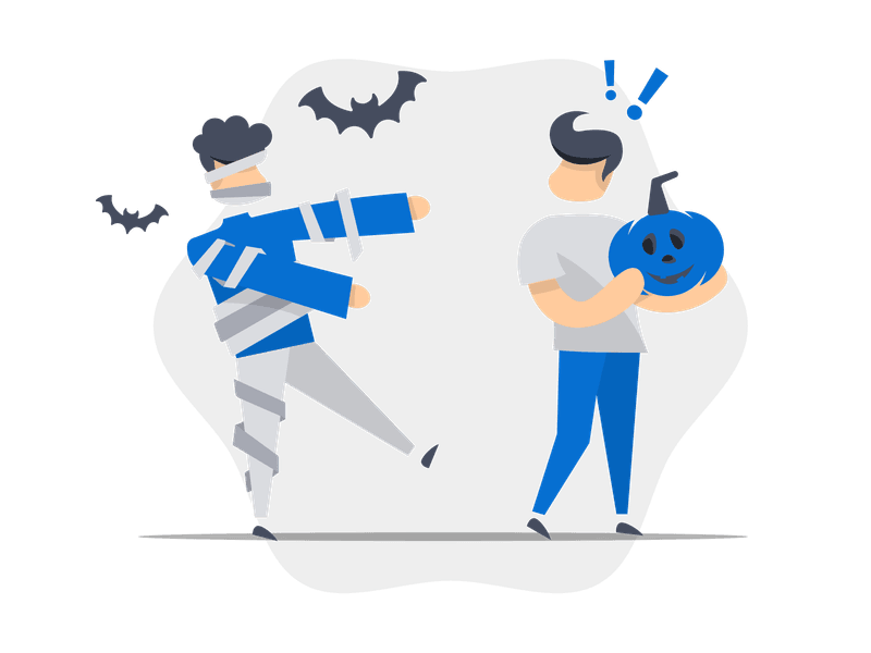 Illustration showing a Halloween scene with a mummy character in bandages walking towards another person holding a jack-o'-lantern. Two bats fly between them, creating a spooky Halloween encounter with surprise and excitement elements.
