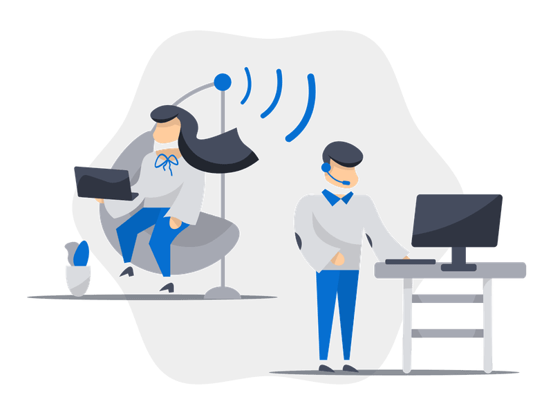 Illustration showing a person working with both a laptop and mobile device, representing the modern hybrid work model. Features a character with technology tools, symbolizing flexible work arrangements and remote work capabilities.