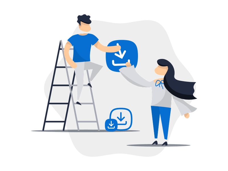 Illustration showing a ladder with various icons arranged on its rungs, representing progression, growth, and systematic organization. Features a ladder structure with icon elements, symbolizing step-by-step processes and skill development.