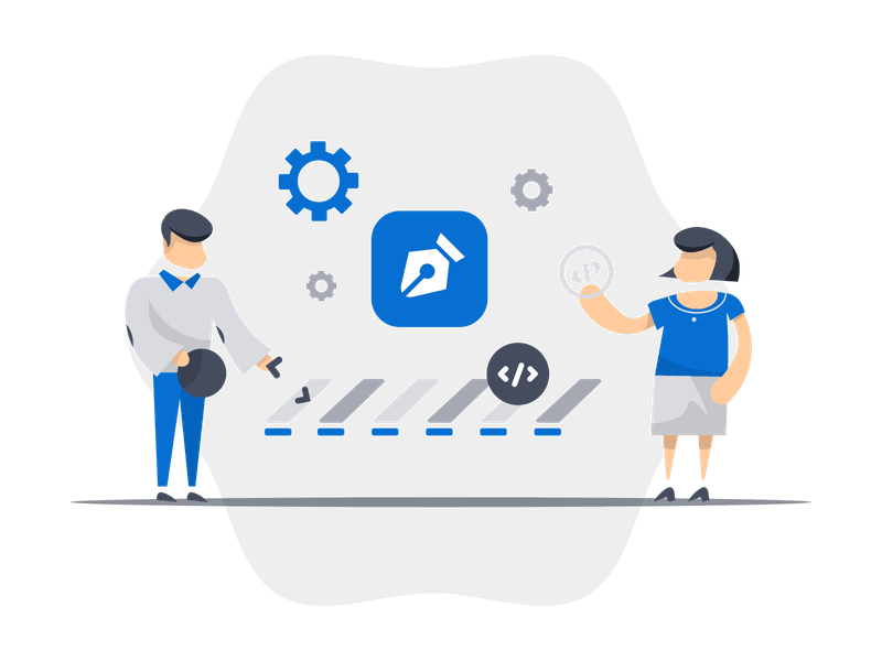 Illustration showing a production or manufacturing setup with various icons representing different aspects of production processes. Features industrial or creative production elements with icon symbols, representing manufacturing and content creation.