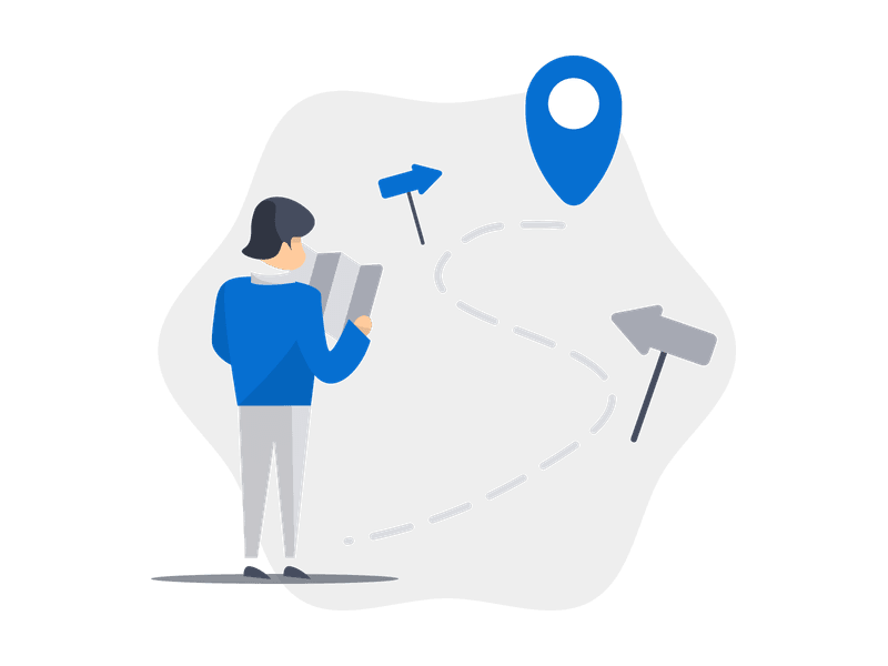 Illustration showing a person with a map and compass, representing navigation, travel planning, and finding destinations. Features a character holding a map and compass, symbolizing exploration and adventure.