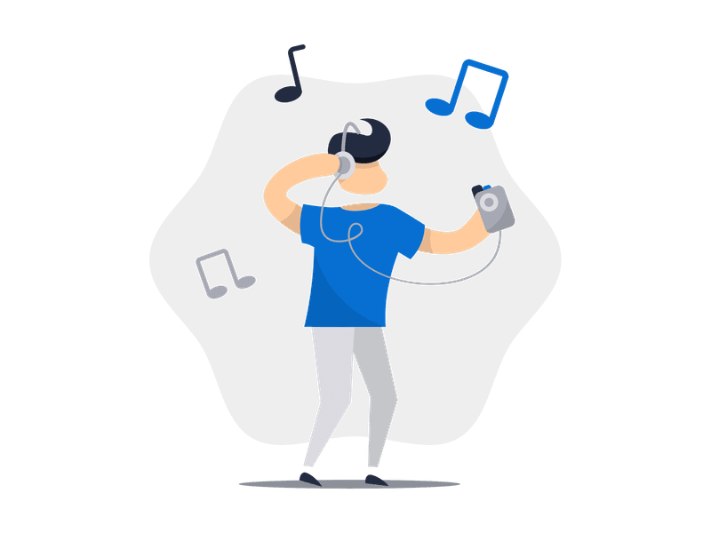 Illustration showing a person with musical instruments or music-related elements. Features a character surrounded by musical symbols, representing music, audio, and entertainment.