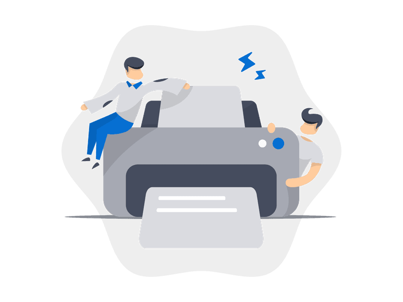 Illustration showing a modern printer with documents being printed. The scene depicts the printing process, symbolizing document production, office work, printing services, and physical output of digital content.