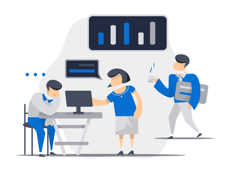 Illustration showing a person working on a laptop with project documents and planning materials. The scene depicts project management activities, symbolizing planning, organization, teamwork, and professional project execution.