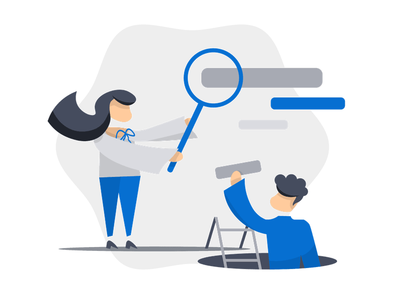 Illustration showing a magnifying glass or search icon. The scene depicts the concept of searching and finding information, symbolizing research, discovery, investigation, and information retrieval.