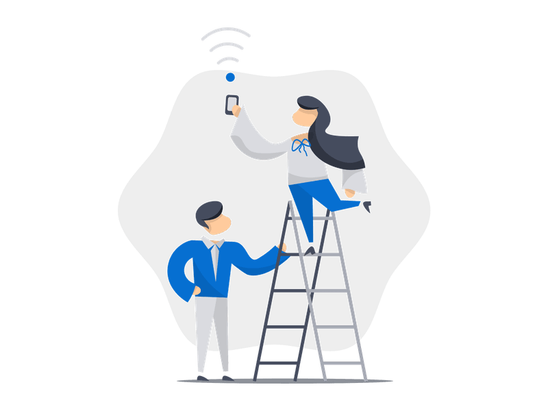 Illustration showing a person with a mobile device looking for a signal or connection. The scene depicts connectivity issues and signal searching, symbolizing network problems, mobile communication, and technical difficulties.