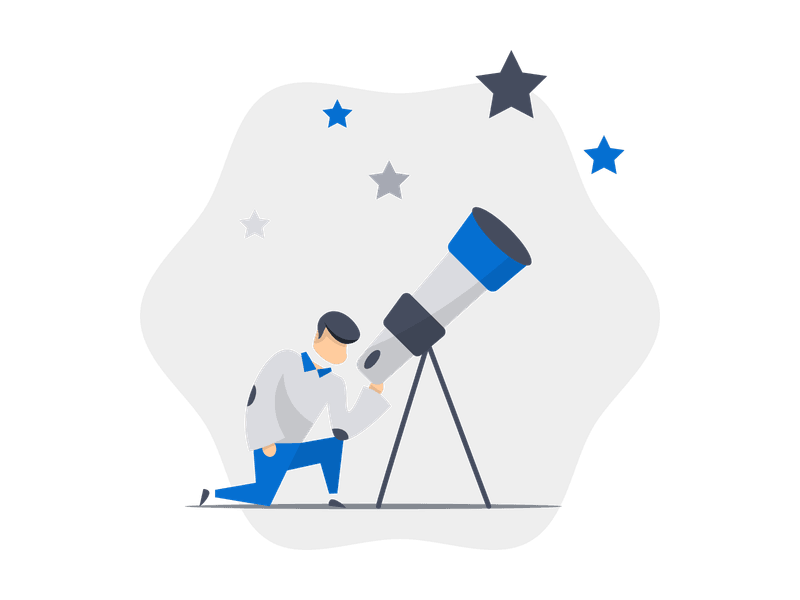 Illustration showing a telescope pointing towards the sky. The scene depicts astronomical observation, symbolizing stargazing, space exploration, scientific discovery, and the wonder of the universe.