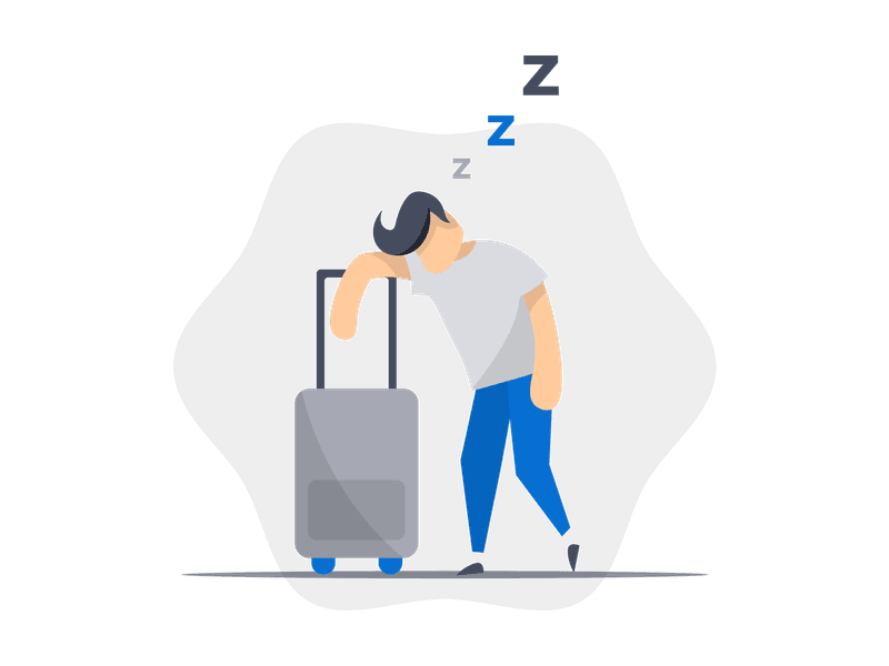 Illustration showing a person with droopy eyes and a tired expression, holding their head. The scene depicts exhaustion and fatigue, symbolizing the need for rest, work-life balance, and self-care.