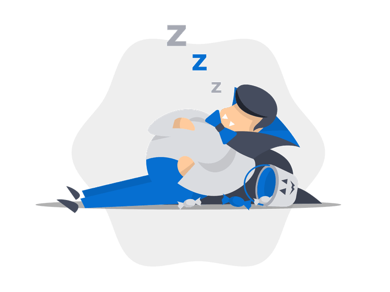 Illustration showing a vampire character sleeping on his side with a dark cape and pointed collar. The scene includes a pumpkin-shaped candy bucket and scattered candies, representing a post-trick-or-treating scenario with sleep symbols above his head.