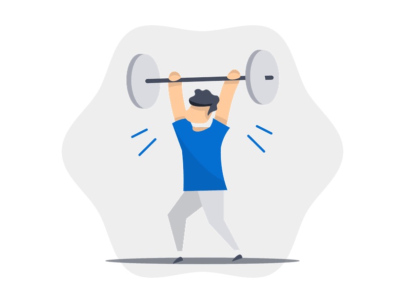 Illustration showing a barbell or dumbbells, often with a person lifting weights. The scene depicts strength training and fitness, symbolizing physical health, muscle building, determination, and athletic performance.