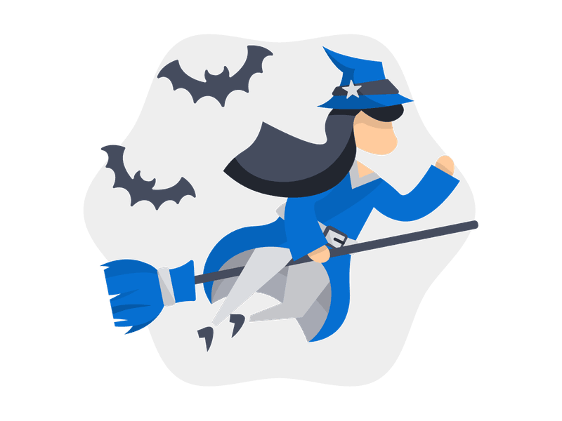 Illustration showing a witch flying on a broomstick with two bats accompanying her. The witch wears a pointed hat with a star, long dark hair flowing behind her, and a dark blue tunic, creating a dynamic Halloween scene with motion effects.
