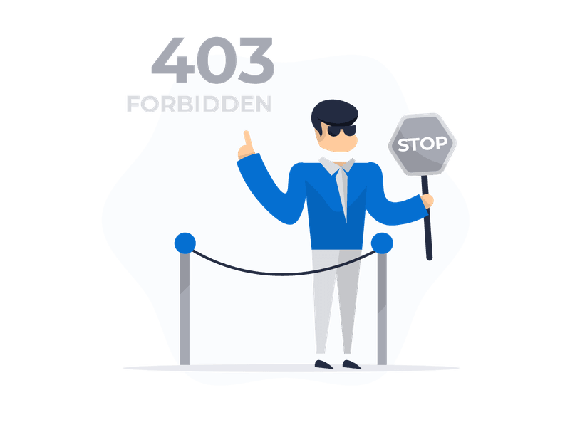 Illustration showing a 403 Forbidden error. A security guard in a suit holds a STOP sign and points upward, with stanchions and rope creating a barrier, symbolizing access denial and restricted entry.