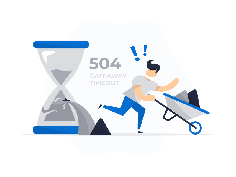 Illustration showing a 504 Gateway Timeout error. It shows a large hourglass with cracks symbolizing time running out, and a person pushing a wheelbarrow filled with rocks, emphasizing delay or blockage.