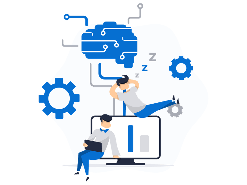 Illustration showing artificial intelligence with a brain-like machine structure connected by pipes and wires. A sleeping person and another person working on a laptop, symbolizing AI systems processing information.