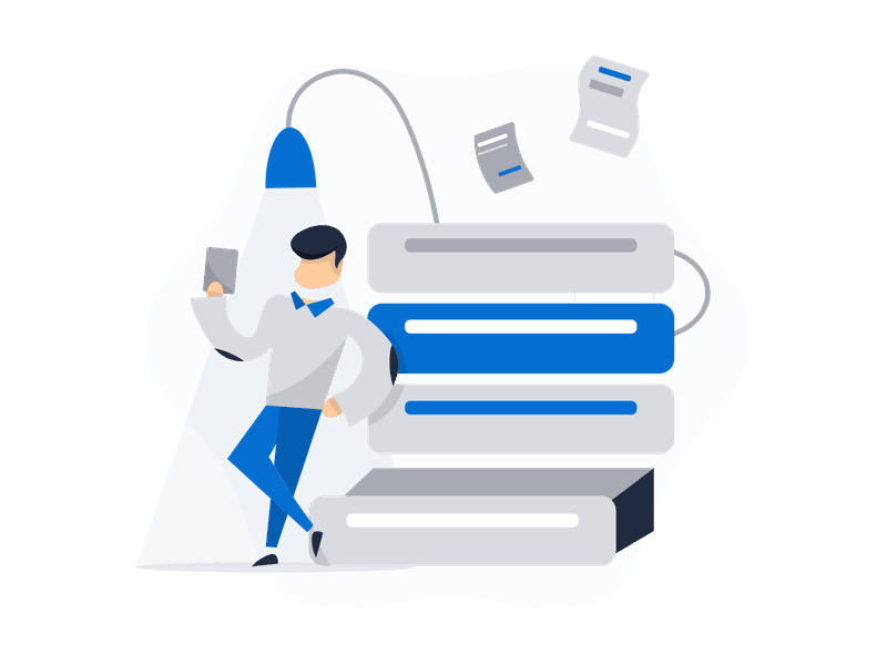 Illustration showing a person scanning documents with a smartphone while standing next to a stack of data storage units. Floating documents and connecting lines suggest data management, archiving, and digital storage processes.