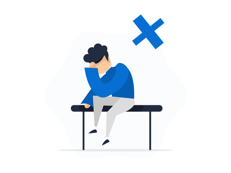 Illustration showing a person sitting on a bench with their head in their hands, appearing distressed or sad. An X icon in the background symbolizes bad news, failure, or negative outcomes, representing disappointment and sadness.