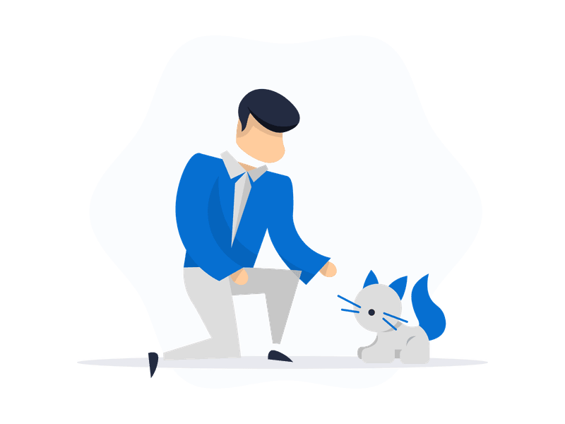 Illustration showing a person in a suit kneeling down to gently interact with a small cat. The person extends their hand towards the cat while looking down at it, representing gentle companionship and pet interaction.
