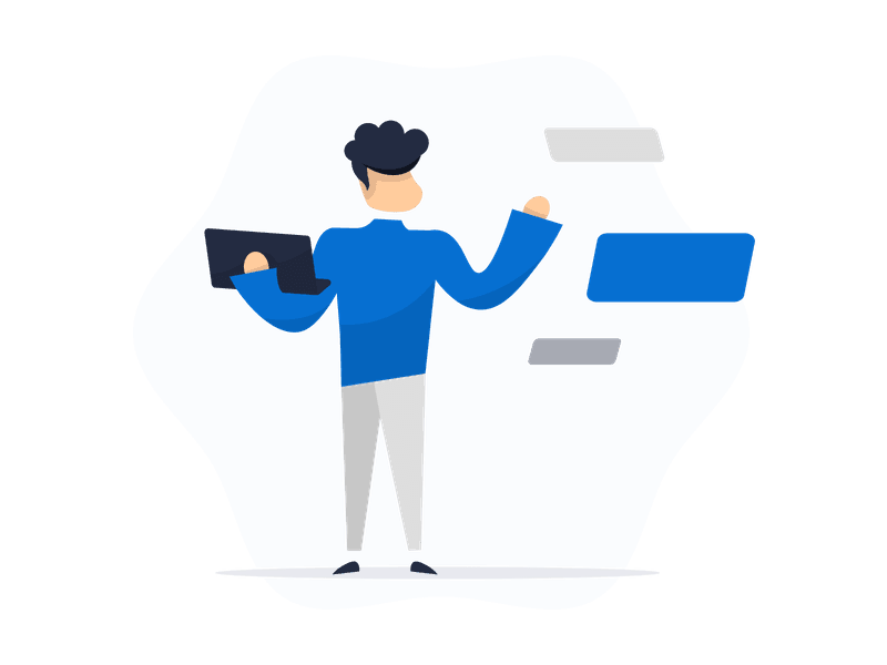 Illustration showing a person holding an open laptop while gesturing towards floating rectangular elements. The person stands with their right hand raised, suggesting work with digital tasks, coding, or data management on the computer.