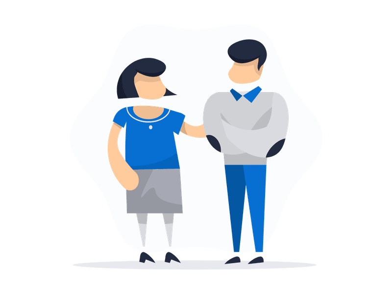 Illustration showing a couple standing together - a woman in a top with collar and skirt, and a man in a sweater. The woman's hand rests gently on the man's arm, suggesting a supportive conversation.