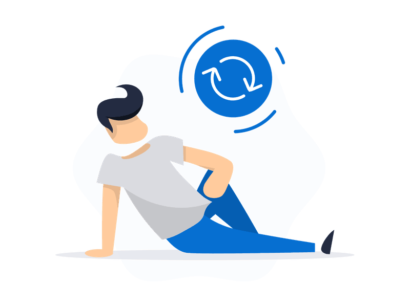Illustration showing a young man in a shirt performing a refresh or reload gesture. The person is depicted with their hand raised in a circular motion, symbolizing updating, restarting, renewal, or reloading of systems, data, or applications.