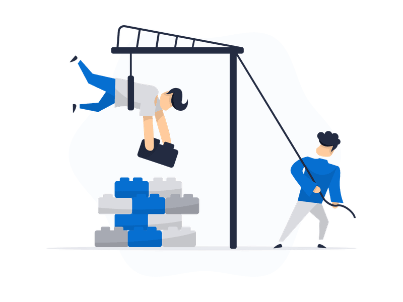 Illustration showing a construction scene with two workers collaborating on a building project. Features construction elements, building blocks, and teamwork, symbolizing construction, development, collaboration, and project management.