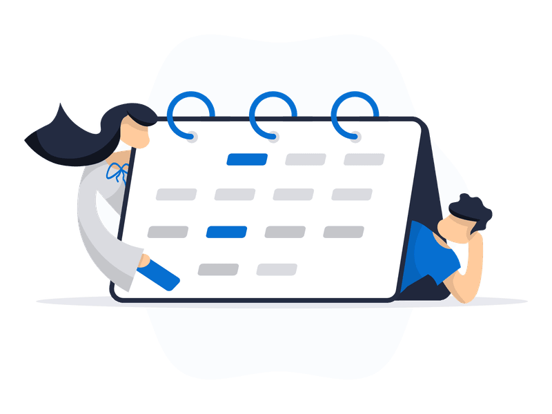 Illustration showing a desk calendar with marked dates, featuring two individuals interacting with it. It symbolizes planning, scheduling, event management, and collaboration.