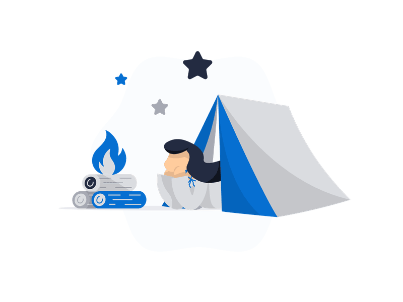 Illustration showing a camping scene with a tent, campfire, and outdoor equipment. Features a tent with a campfire nearby, surrounded by trees and natural elements, symbolizing outdoor recreation and adventure.