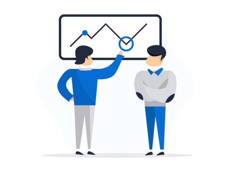 Illustration showing a line chart with two people analyzing data together. Features a line graph with data points and two individuals collaborating on data analysis, symbolizing teamwork, business intelligence, data visualization, and collaborative decision-making.