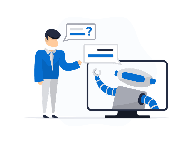 Illustration showing human-computer interaction with an AI chatbot. A person in a business suit asks a question via speech bubble, while a stylized chatbot responds with sound waves, representing automated customer support.
